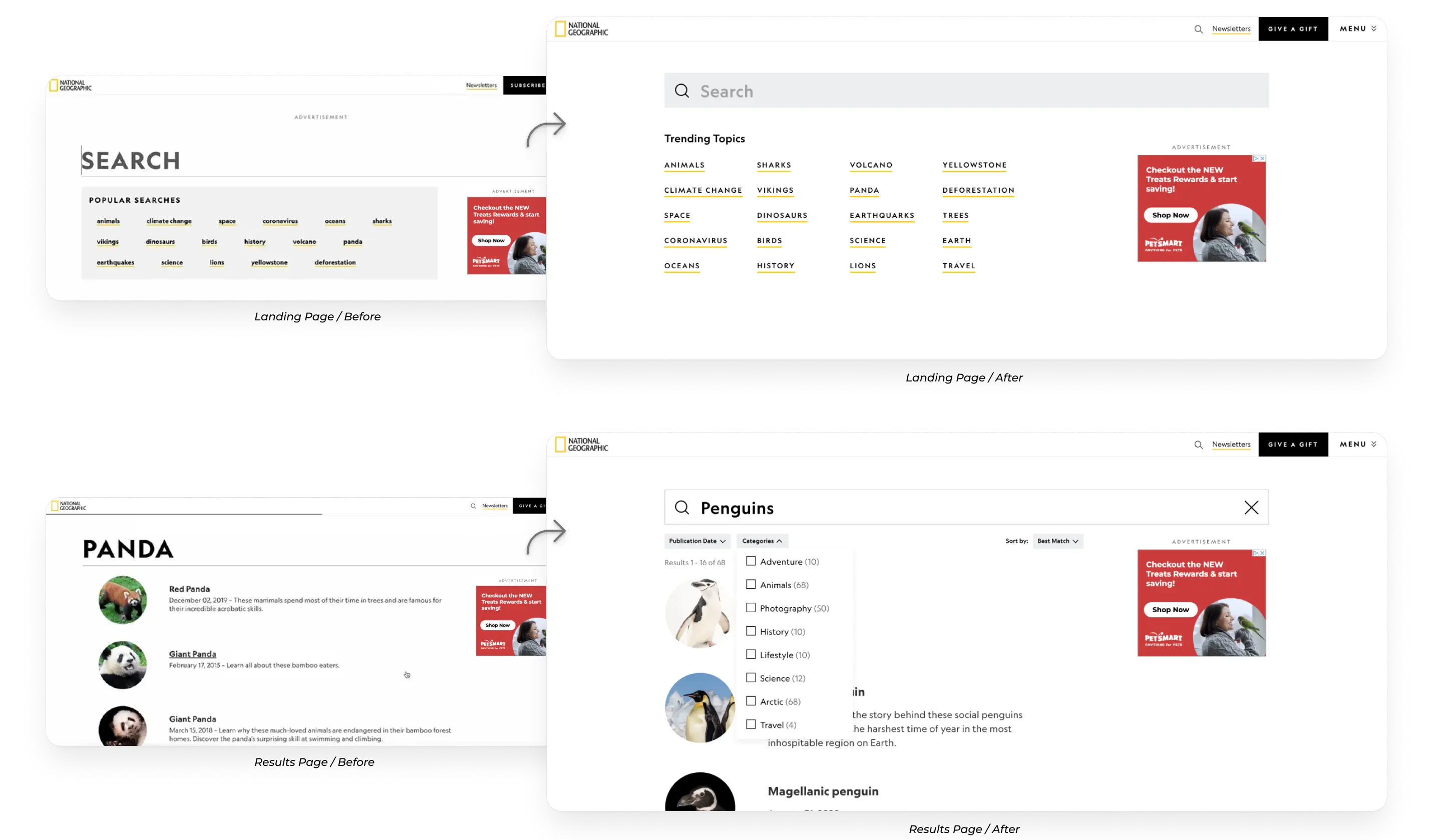 Nat Geo Navigation Redesign Landing & Results Page Before and After