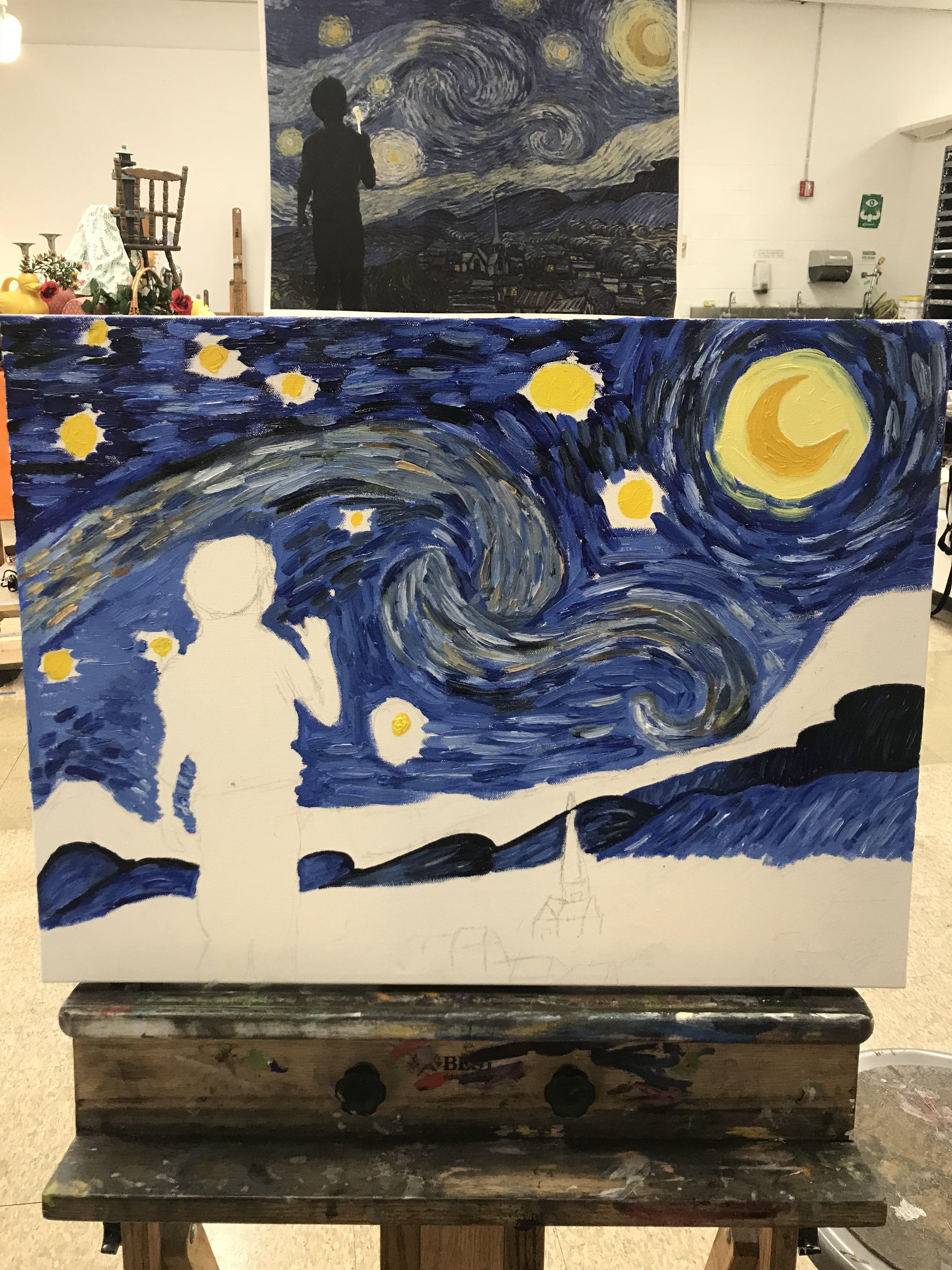 Isha selected Make A Wish Non-Profit and painted an interpretation of Van Gogh's Starry Night to create the same magical, hopeful feeling for the children.