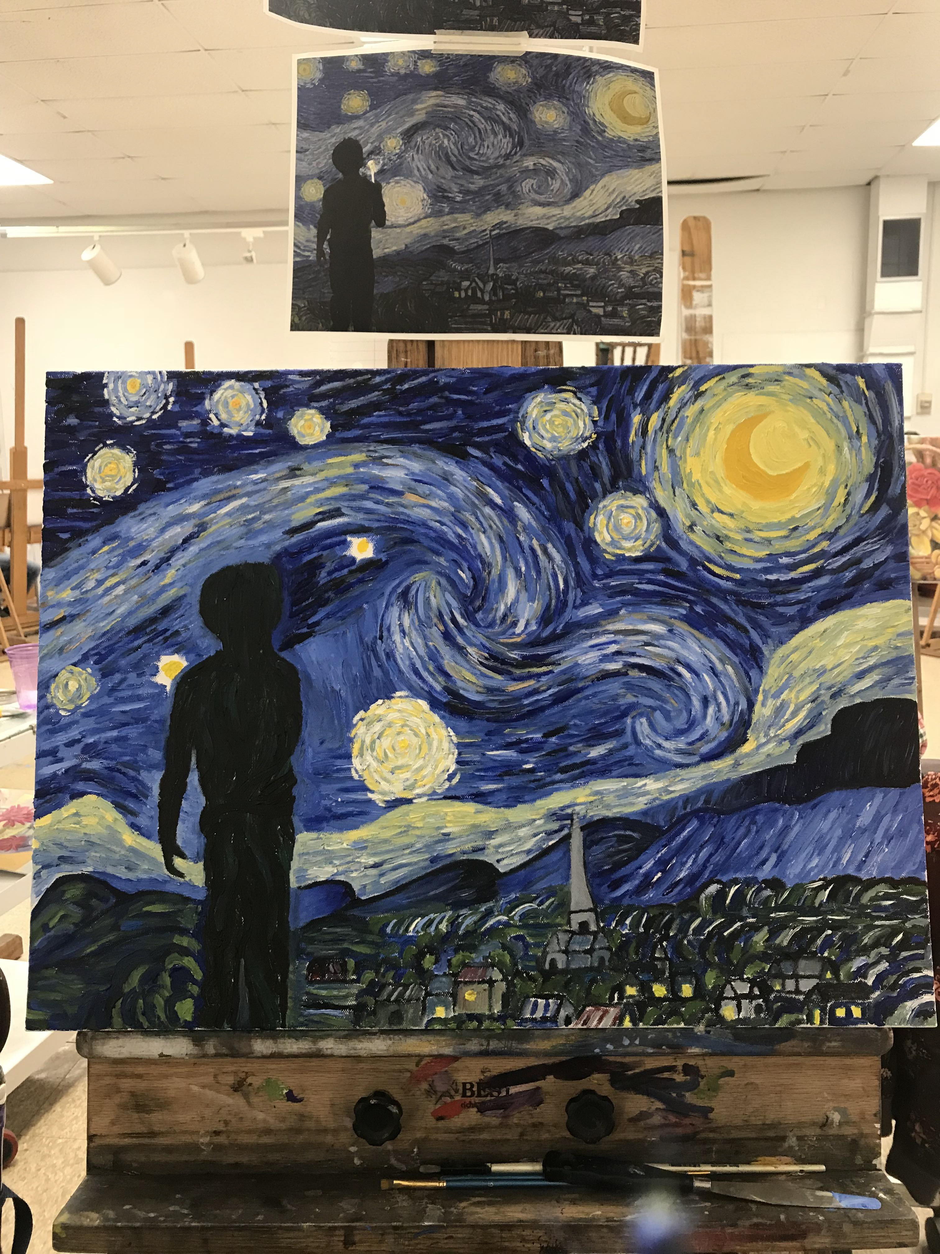 Isha learnt and utilized Van Gogh's painting techniques and also included Make A Wish's logo in the Starry Night oil painting